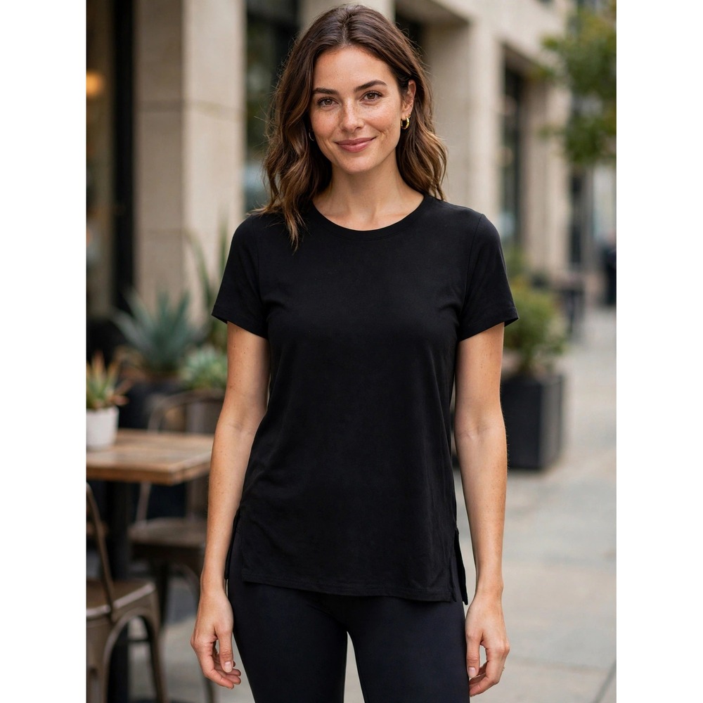 Spanx Go Lightly Short Sleeve Tee Black Crew Neck Side Slit Top 50169R Mens M